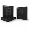 A black power bank packaging featuring a minimalist design with a logo, showcasing a wireless power bank inside.