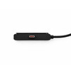 A power cable in black with a textured finish and a red accent, featuring a woven cord. It has a logo on one side.