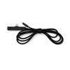 A black charging cable featuring a USB connector and a rounded end, neatly coiled for easy storage.