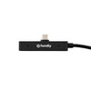 A charging cable in black with a connector and a branding logo on the side.