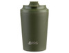 A green insulated coffee cup with a ceramic lining and a lid. It features a logo on the front.