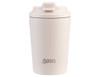A ceramic-lined insulated coffee cup in soft cream colour, featuring a logo on the side and a secure lid.
