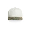 A two-tone cap featuring a white front and a camo-patterned peak, complete with a logo.