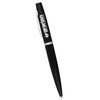 A black pen with a silver accent and a logo. Ideal for promotional gifts or office use.