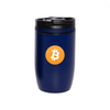 A drink bottle in navy blue with a black lid and a logo featuring a Bitcoin symbol.
