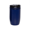 A drink bottle with a navy blue finish and a black lid, featuring a logo on the side.