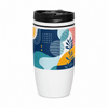 A drink bottle featuring a vibrant design with blue, green, and orange abstract patterns and a black lid.