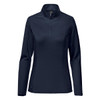 A navy women's pullover with a quarter zip and long sleeves. The design includes a logo on the garment.