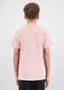 A short sleeve tee in a soft pink colour, viewed from the back. It features a label or logo.