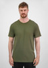 A men's short sleeve tee in olive green, featuring a classic crew neck and a plain design. It has a subtle logo.