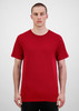 A man stands wearing a red short sleeve t-shirt. The t-shirt has a simple design and features a logo.