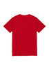 A red short sleeve tee with a plain back, featuring a logo on the neck area.
