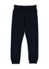 A pair of navy track pants featuring an elastic waistband and cuffs, with pockets on the sides and a logo.