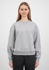 A grey women's crew sweatshirt is displayed, featuring long sleeves and a relaxed fit, with a logo on the front.