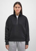 A black women's 1/4 zip sweatshirt featuring a high collar and long sleeves, displayed on a model.