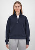A navy blue women's 1/4 zip sweatshirt with a high collar and long sleeves, featuring a logo.