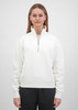 A white women's 1/4 zip sweatshirt with a high collar and ribbed cuffs, featuring a brand logo.