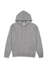 A grey women's hoodie featuring a kangaroo pocket and a drawstring hood, with branding present.