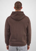 A brown hoodie with a large hood, featuring a plain back view. The model is wearing grey pants.
