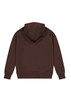 A brown hoodie with a drawstring hood and long sleeves, featuring a back view. It has a logo.