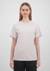 A light grey women's short sleeve tee with a classic crew neck and a logo on the chest.