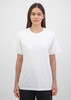 A plain white short sleeve tee for women, featuring a relaxed fit and a simple design. It has a logo on the label.