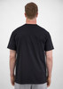A black short sleeve tee viewed from the back, featuring a plain design and a logo on the upper back.