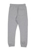 A pair of grey track pants featuring an elastic waistband and a back pocket. It has a logo on the fabric.