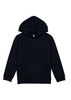 A navy blue kids' hoodie featuring a front pocket and a drawstring hood. It has a logo on the design.