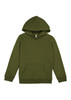 An olive green youth hoodie featuring a front pocket and a drawstring hood, with branding visible.