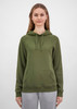 A women's hoodie in olive green, featuring a hood, front pouch pocket, and ribbed cuffs. It has a logo on the clothing.