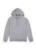 A grey women's hoodie with a front pocket and a drawstring hood, featuring a logo.