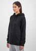 A black women's hoodie featuring a kangaroo pocket and a drawstring hood, displayed on a model.