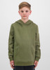 A green hoodie with a front pocket and a hood, featuring a branding logo on the front.