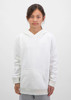 A white hoodie for kids featuring a front pocket and a drawstring hood. The product has a logo on it.