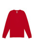 A red long sleeve tee with a crew neck and a logo on the label.