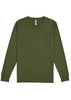 A long-sleeve tee in olive green, featuring a simple design and a brand label at the neck.