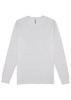 A white long sleeve t-shirt with a simple design and a small logo on the label.