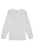 A long-sleeve white t-shirt featuring a simple design and a brand logo.
