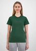 A women's short sleeve tee in green, featuring a simple design and a logo on the front.