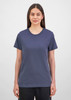A women's short sleeve tee in navy blue, featuring a simple design and a logo on the label.