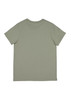 A green short sleeve T-shirt featuring a simple design and a logo on the back.
