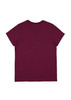 A burgundy women's short sleeve tee featuring a simple design and a logo on the back.