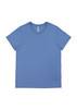 A blue women's short sleeve tee, featuring a round neckline and a label inside the collar.