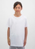 A white short sleeve tee for kids, displayed on a model standing against a neutral background.