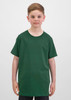 A green short sleeve tee for kids displayed on a young boy, featuring a simple design and a logo.