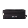 A black zippered pouch with a logo on the front, featuring a rectangular shape and durable fabric.