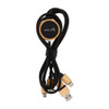 A set of black charging cables with wooden ends, coiled neatly with a round holder featuring a logo.