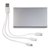 A silver power bank with a multi-connector charging cable, featuring USB, micro USB, and Lightning connectors.