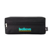 A black rectangular pouch with a zipper, featuring a colourful logo on the front.